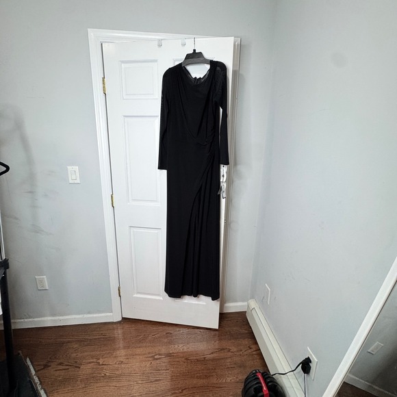 Adrianna Papell Black Draped Mesh Sleeve Jumpsuit Evening Dress Pant Size 12 New - Picture 1 of 10